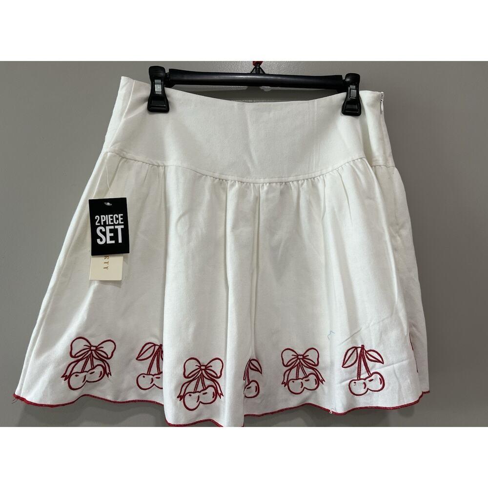NWT Thirty/Thirty LA White Red Cherry Print Linen Blend 2 Piece skirt Set Size L - Picture 10 of 10